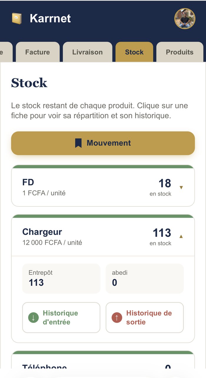 Écran Stock de l'application Karrnet